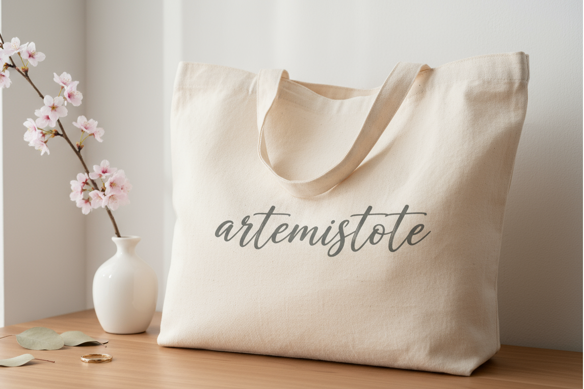 totebag in cotone ricilcato con scritto artemistote in un contesto minimal elegante e fimminile